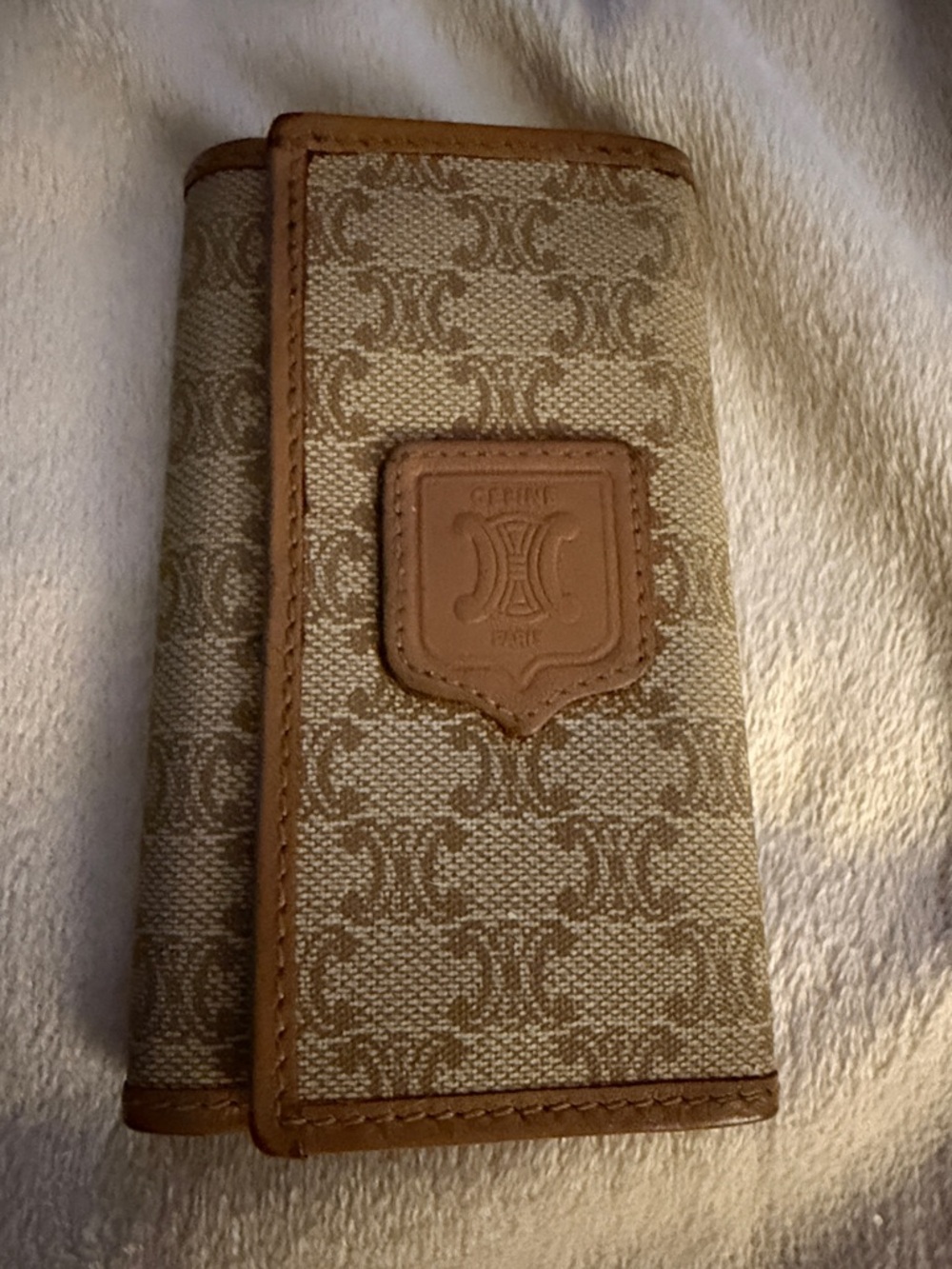 Vintage Celine Beige and Brown Monogram Trifold Keycase